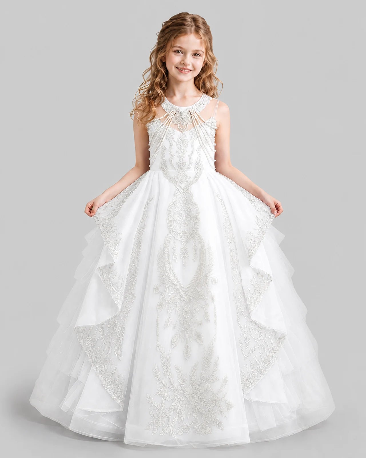 White Ball Gown Girls Pageant Dresses Front