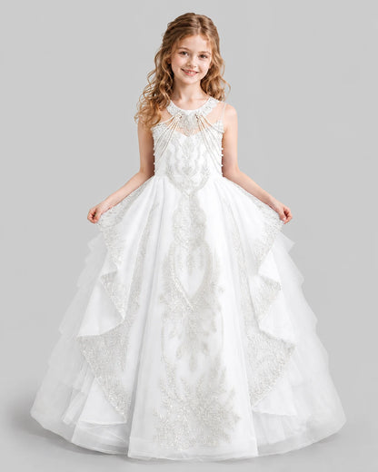 White Ball Gown Girls Pageant Dresses Front
