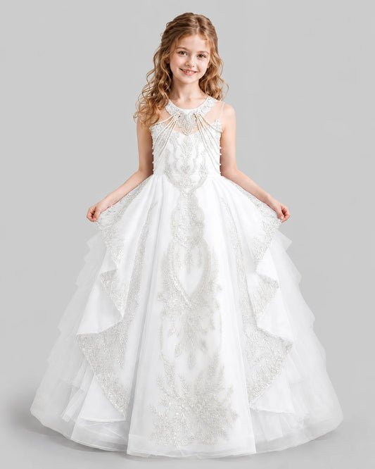 White Ball Gown Girls Pageant Dresses Front