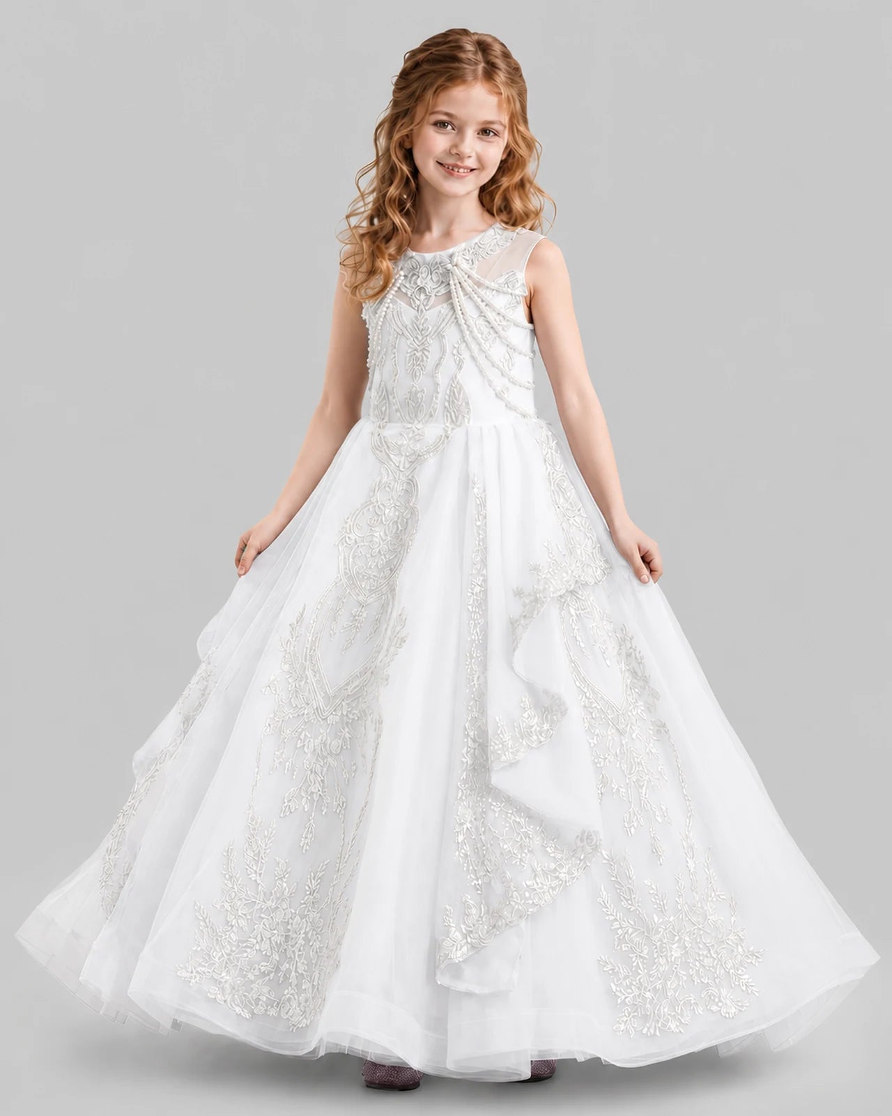 White Ball Gown Girls Pageant Dresses Side