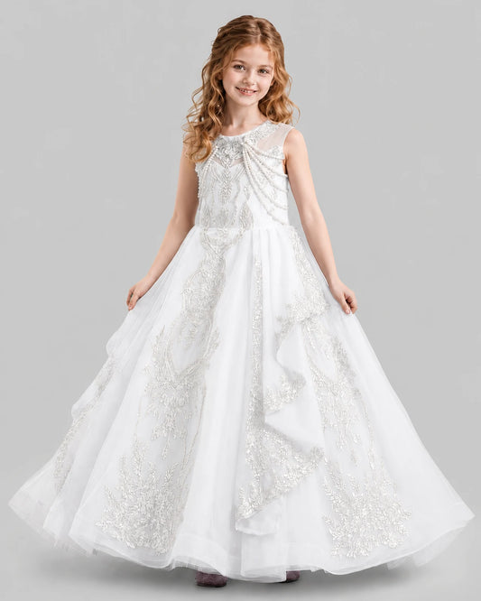 White Ball Gown Girls Pageant Dresses Side