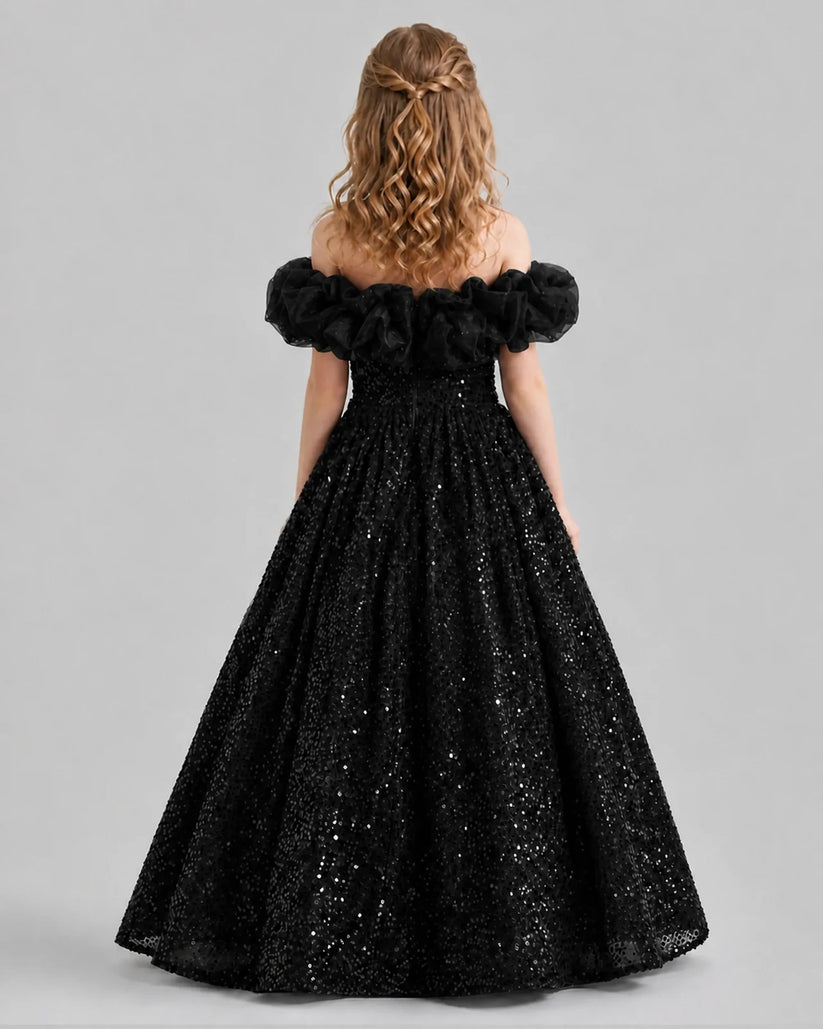 Black Ball Gown Girls Pageant Dresses Back