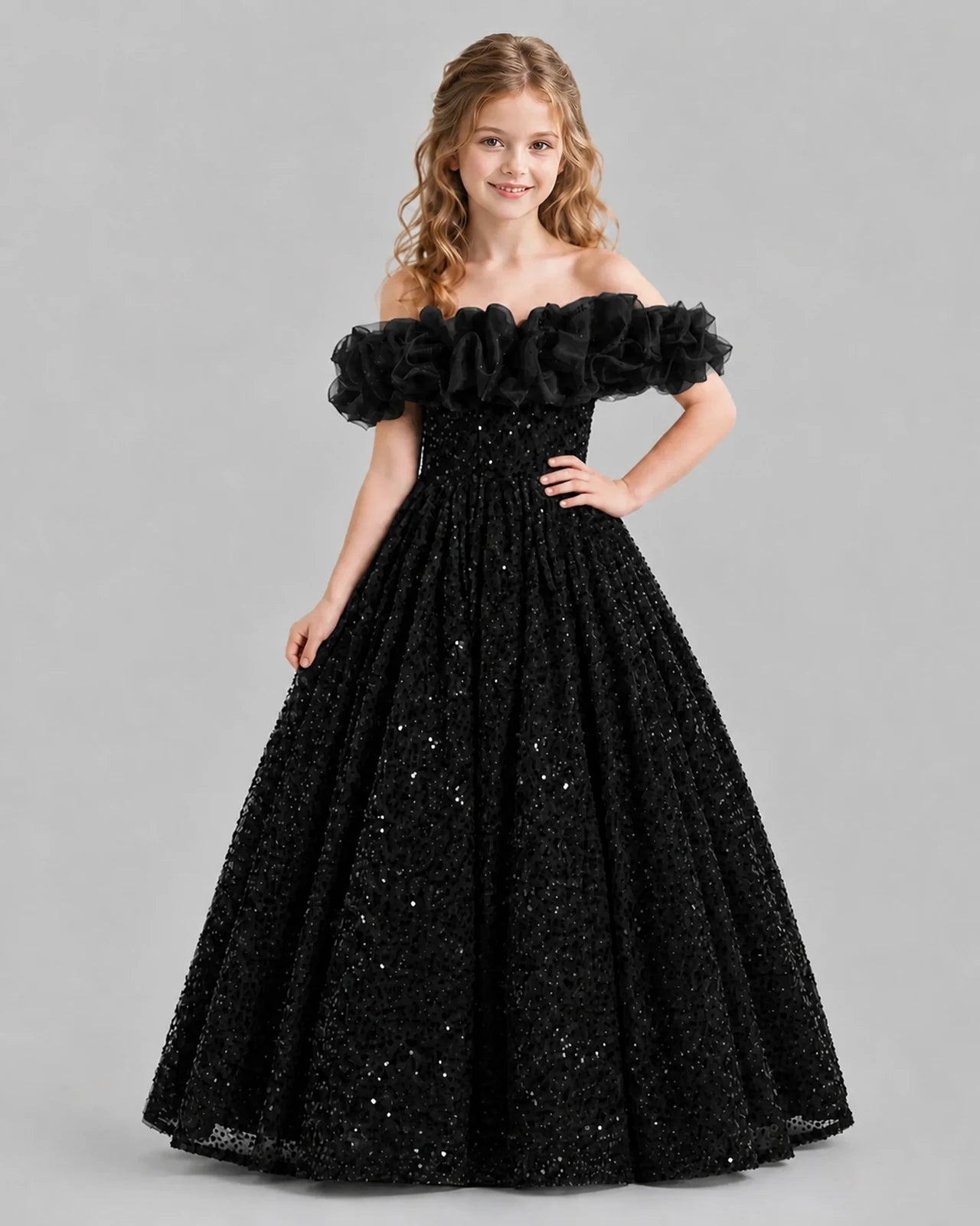 Black Ball Gown Girls Pageant Dresses Pose