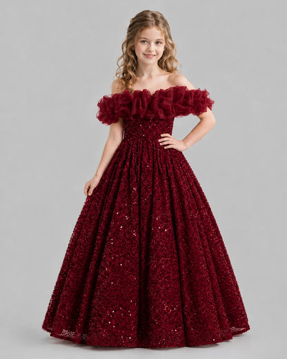 Burgundy Ball Gown Girls Pageant Dresses Pose
