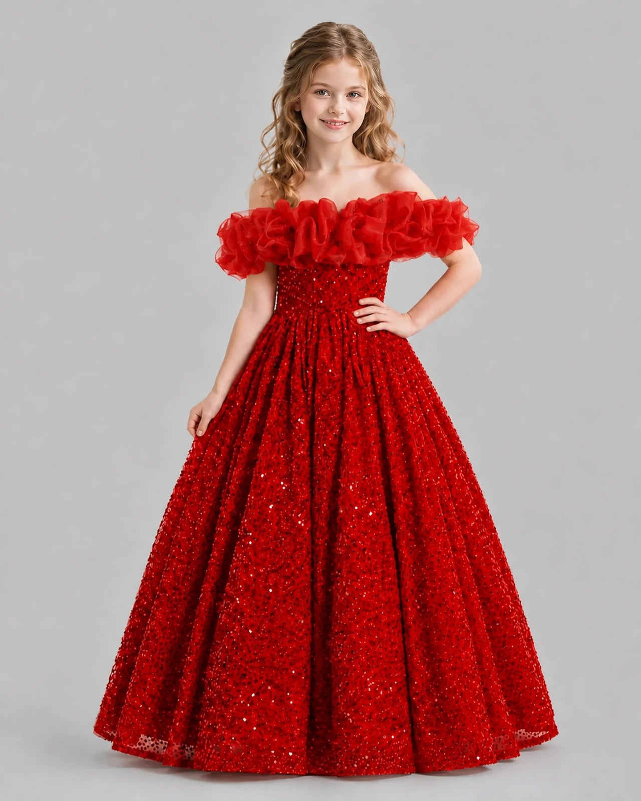 Red Ball Gown Girls Pageant Dresses Pose