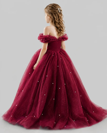 Burgundy Ball Gown Girls Pageant Dresses Back