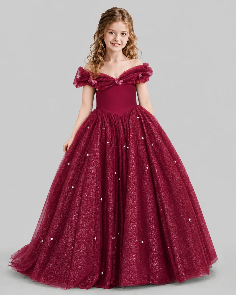 Burgundy Ball Gown Girls Pageant Dresses Front