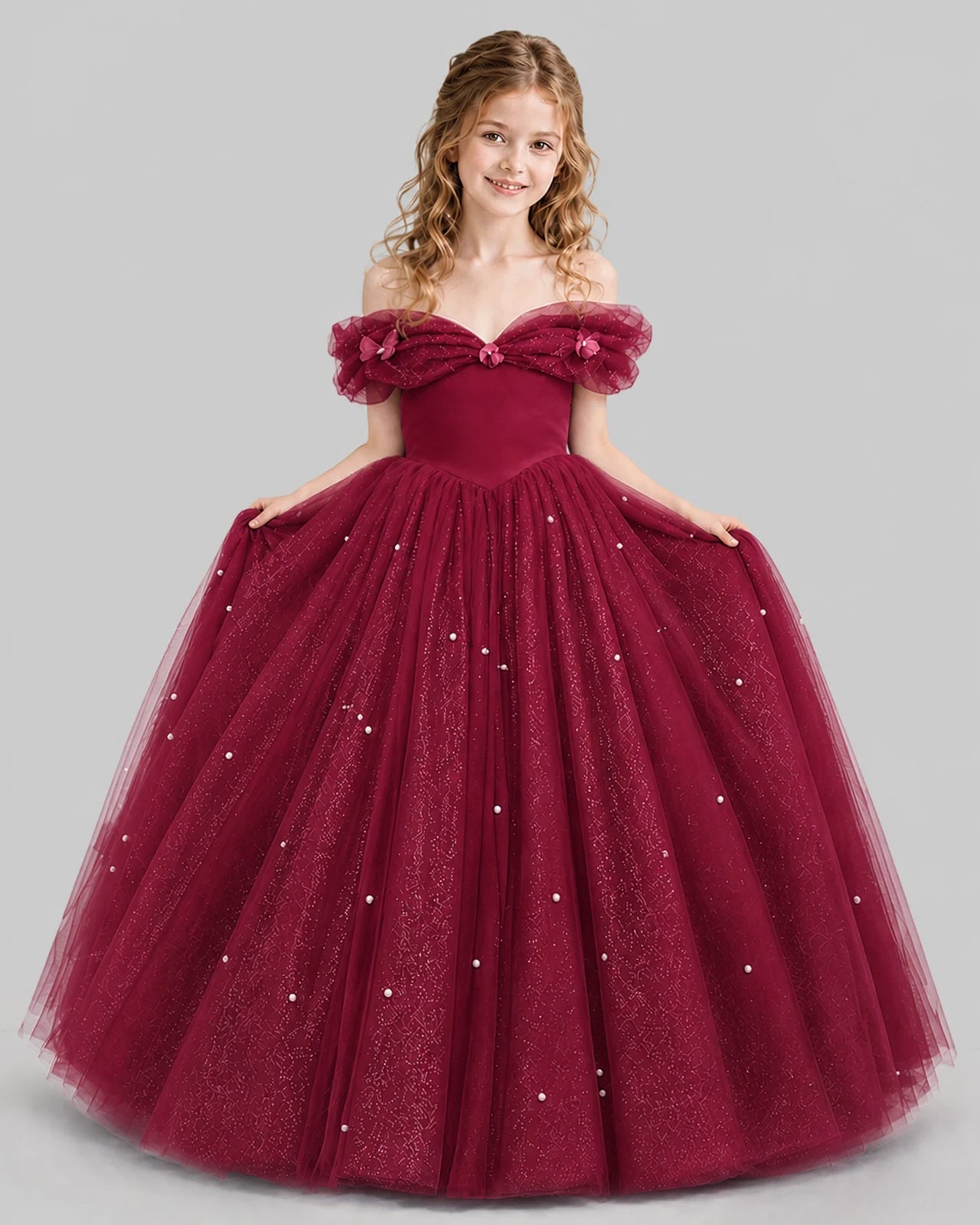 Burgundy Ball Gown Girls Pageant Dresses Pose