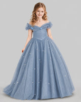 Dusty Blue Ball Gown Girls Pageant Dresses Front