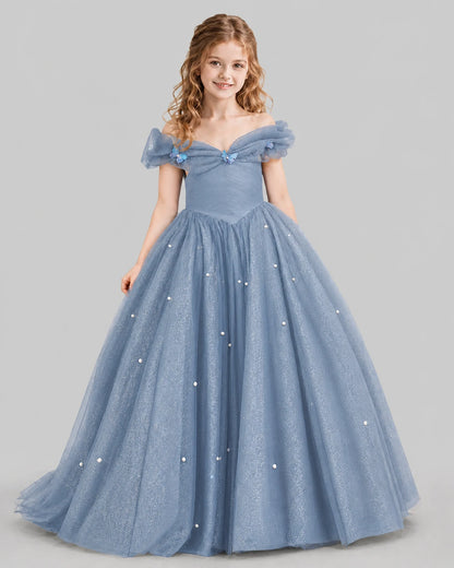 Dusty Blue Ball Gown Girls Pageant Dresses Front