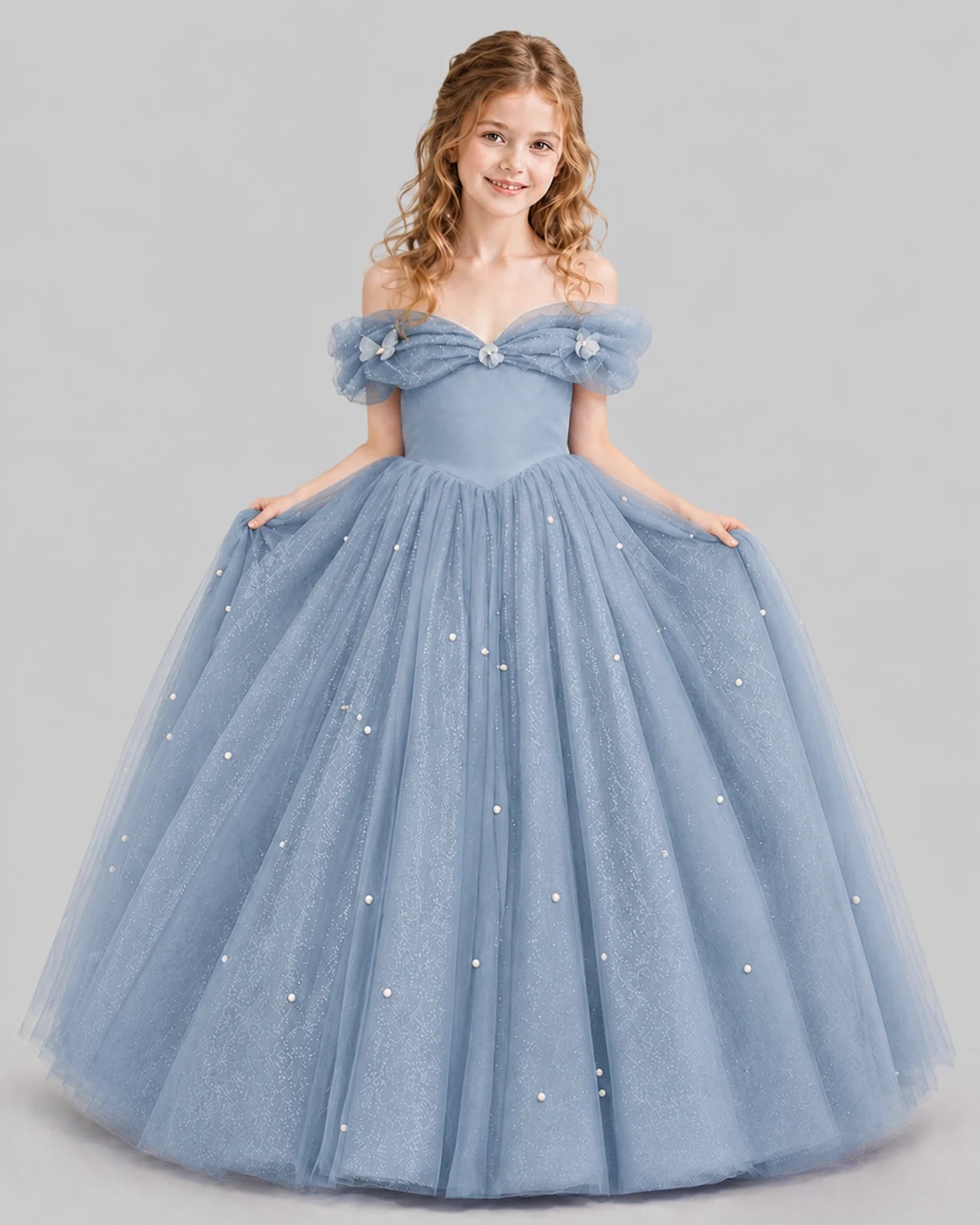 Dusty Blue Ball Gown Girls Pageant Dresses Pose