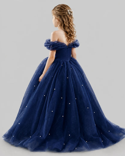 Navy Blue Ball Gown Girls Pageant Dresses Back