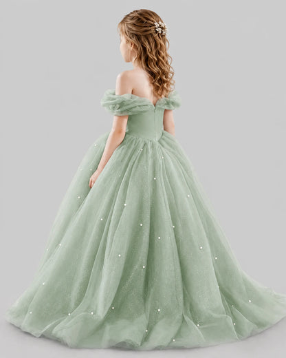 Sage Green Ball Gown Girls Pageant Dresses Back