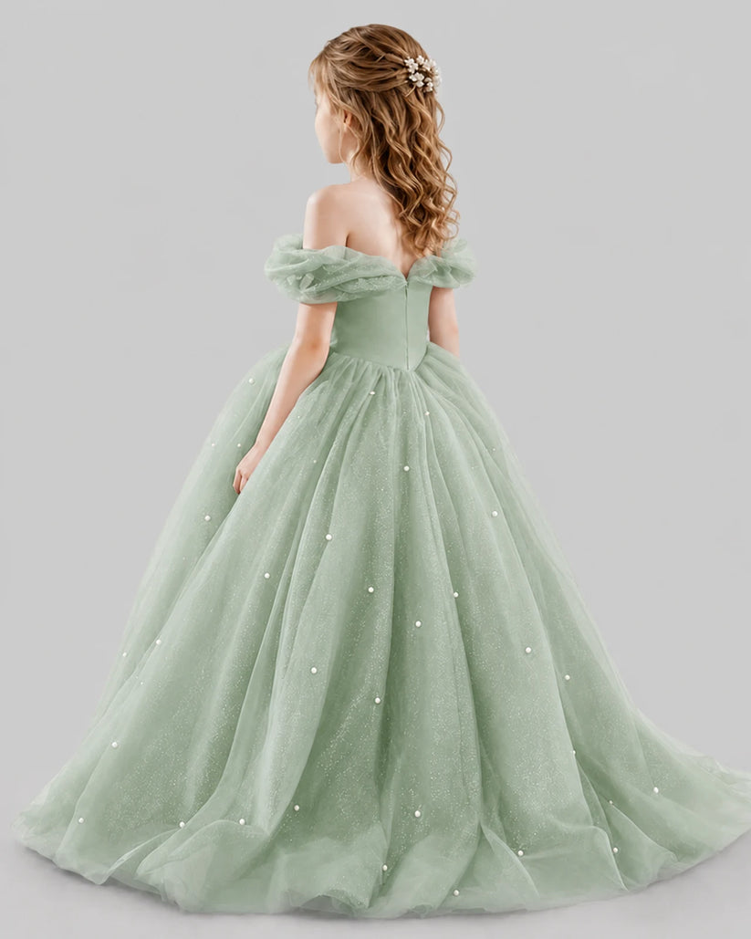 Sage Green Ball Gown Girls Pageant Dresses Back