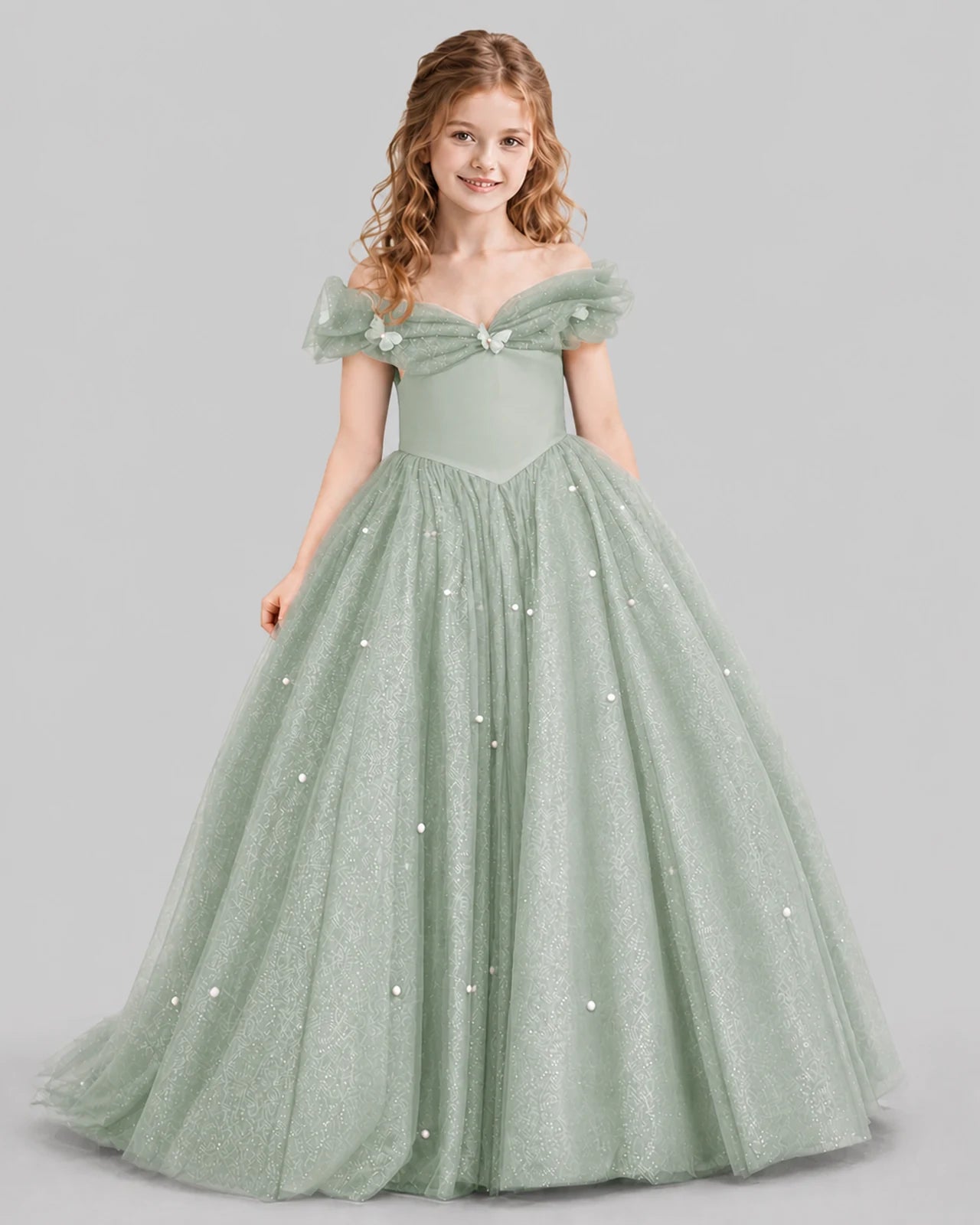 Sage Green Ball Gown Girls Pageant Dresses Front