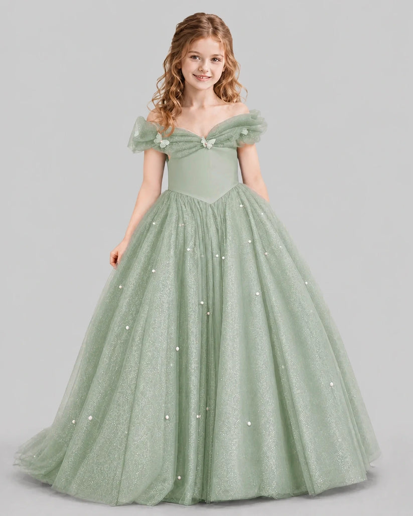 Sage Green Ball Gown Girls Pageant Dresses Front