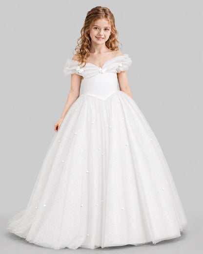 White Ball Gown Girls Pageant Dresses Front