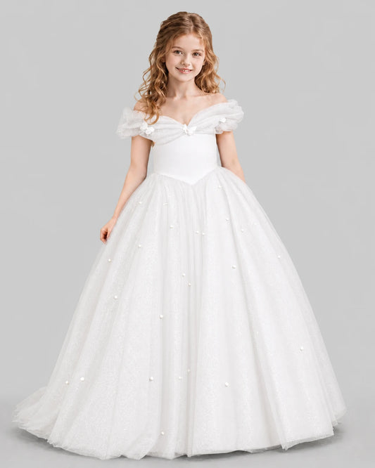 White Ball Gown Girls Pageant Dresses Front