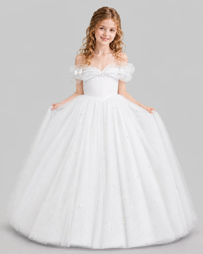 White Ball Gown Girls Pageant Dresses Pose