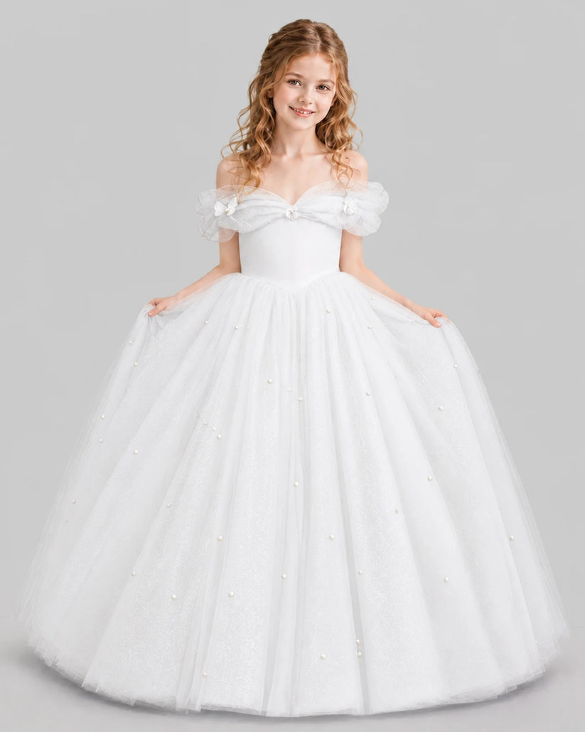 White Ball Gown Girls Pageant Dresses Pose