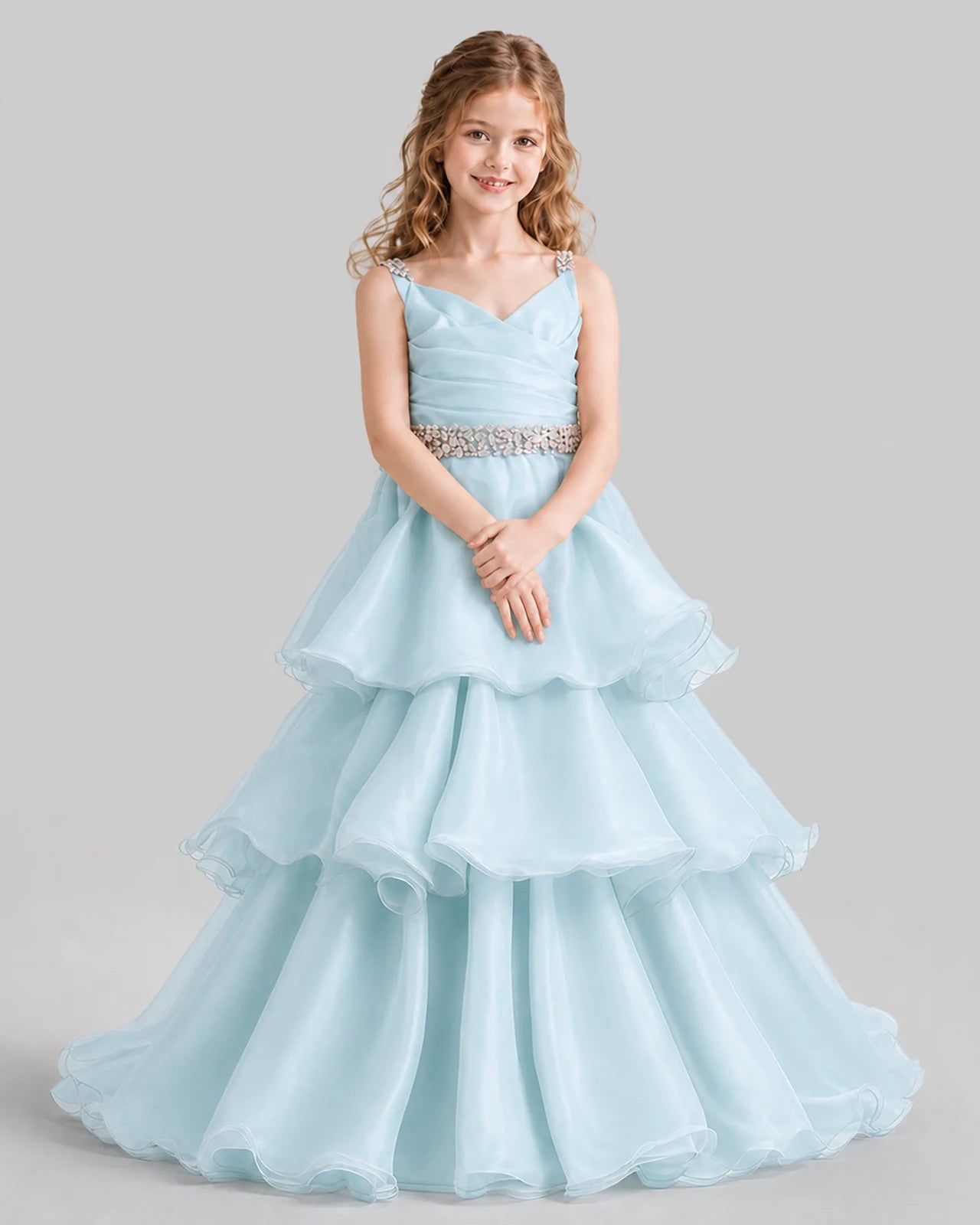 Baby Blue Ball Gown Girls Pageant Dresses Pose