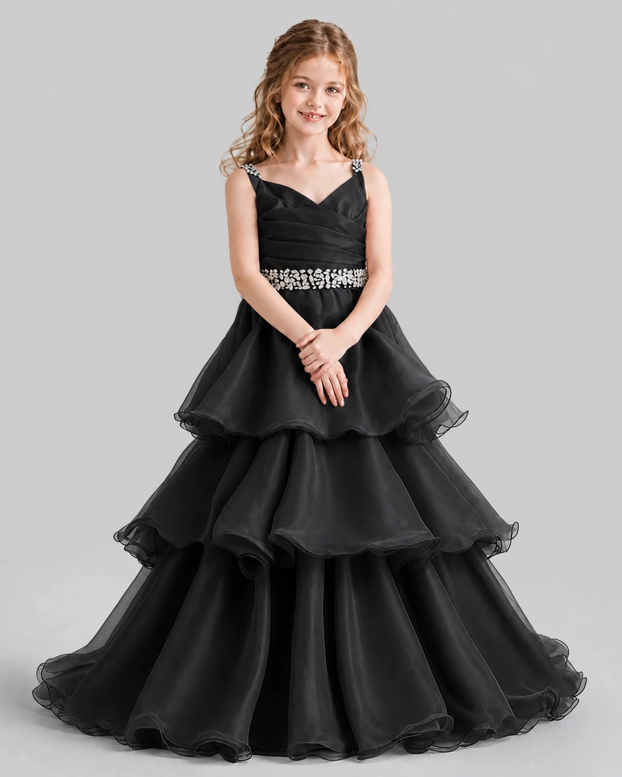 Black Ball Gown Girls Pageant Dresses Pose