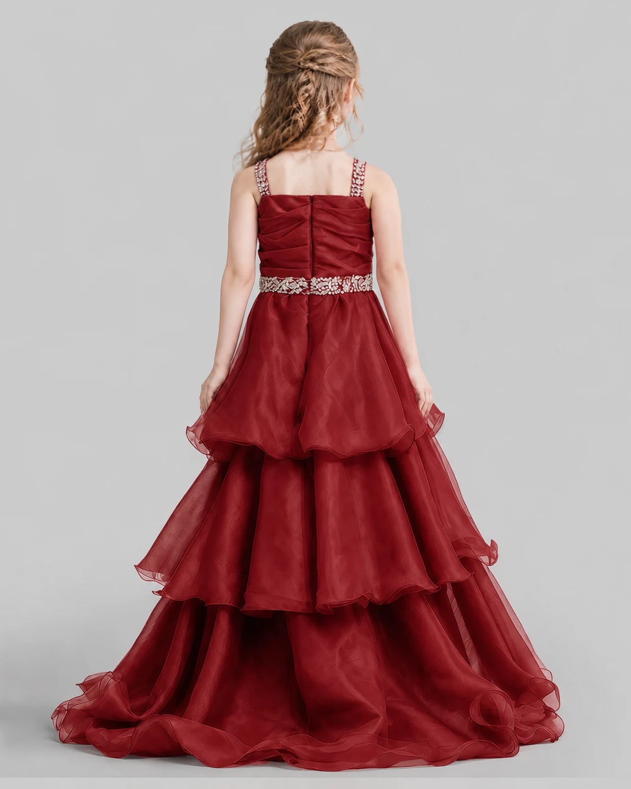 Burgundy Ball Gown Girls Pageant Dresses Back