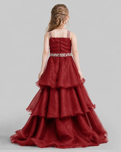 Burgundy Ball Gown Girls Pageant Dresses Back