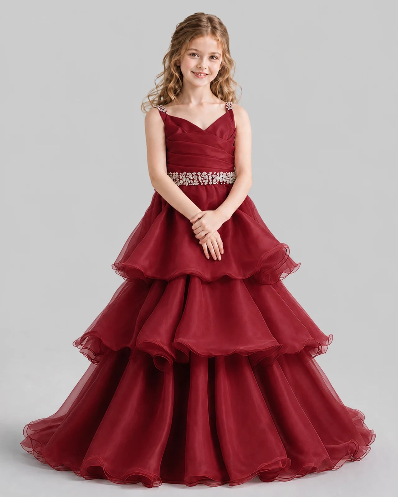 Burgundy Ball Gown Girls Pageant Dresses Pose