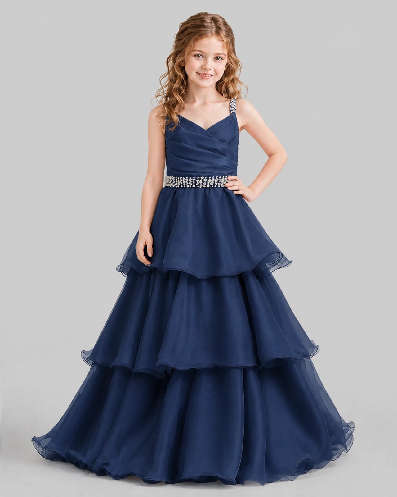 Navy Blue Ball Gown Girls Pageant Dresses Front