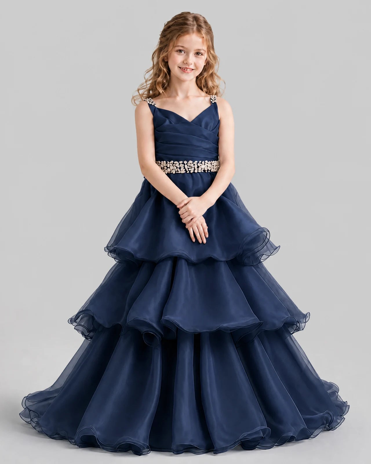 Navy Blue Ball Gown Girls Pageant Dresses Pose