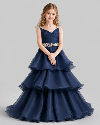 Navy Blue Ball Gown Girls Pageant Dresses Pose