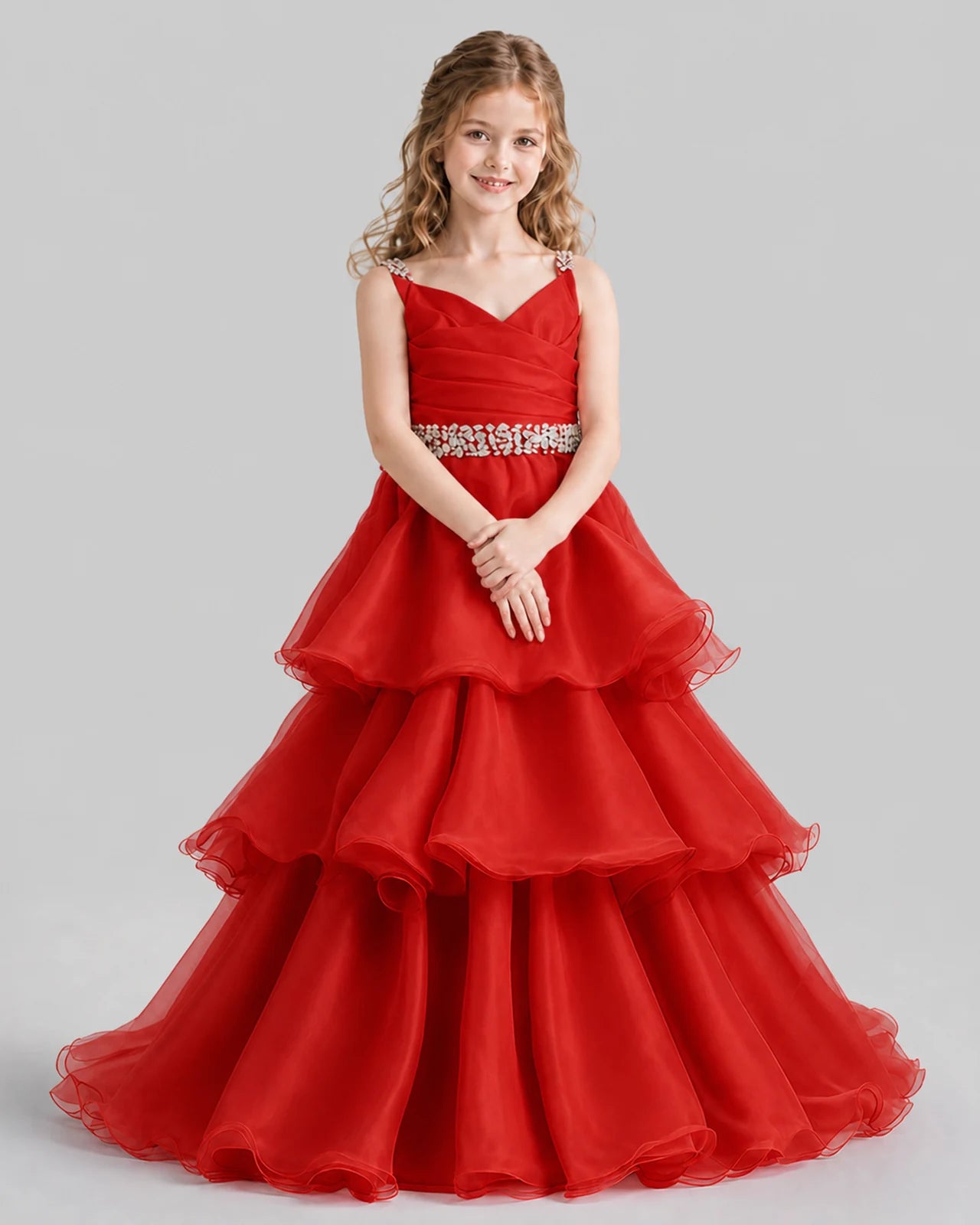 Red Ball Gown Girls Pageant Dresses Pose