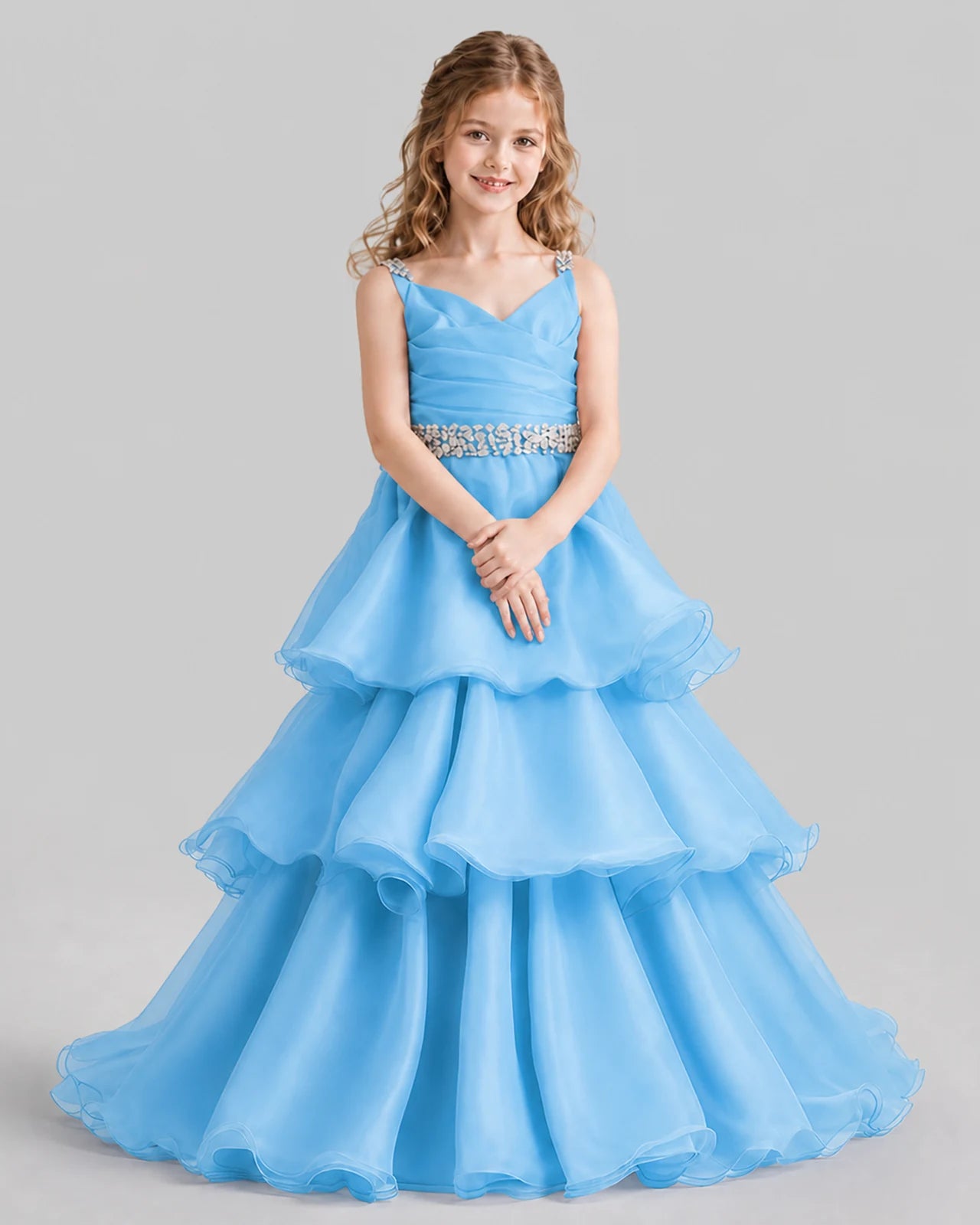 Sky Blue Ball Gown Girls Pageant Dresses Pose