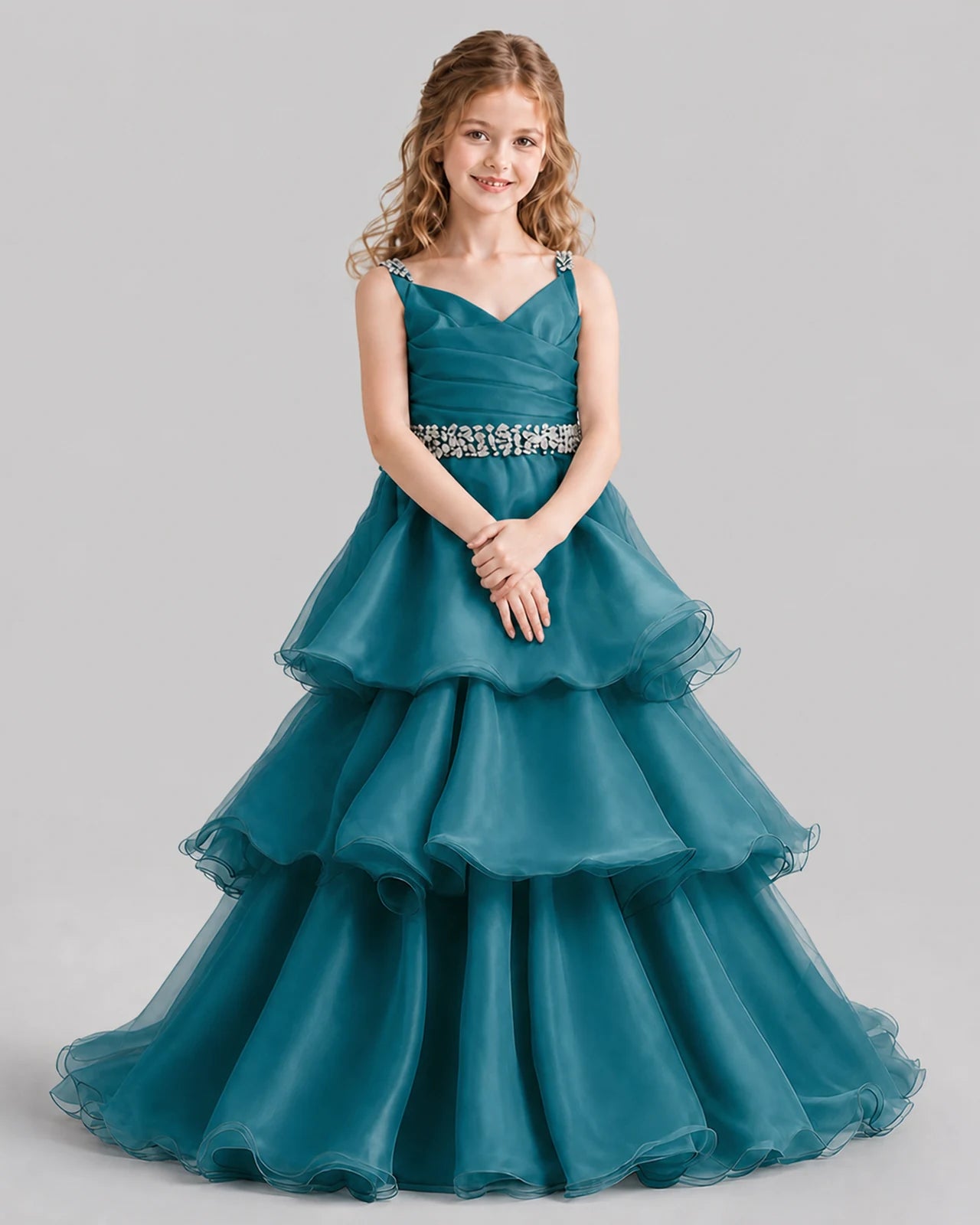 Teal Ball Gown Girls Pageant Dresses Pose