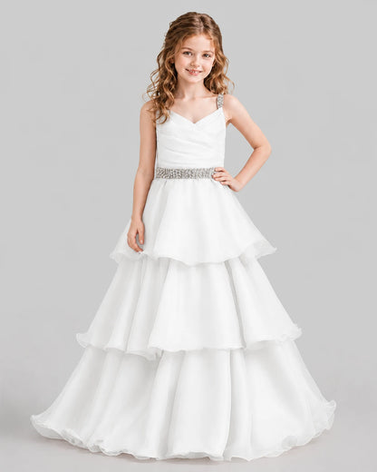 White Ball Gown Girls Pageant Dresses Front
