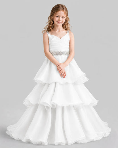 White Ball Gown Girls Pageant Dresses Pose