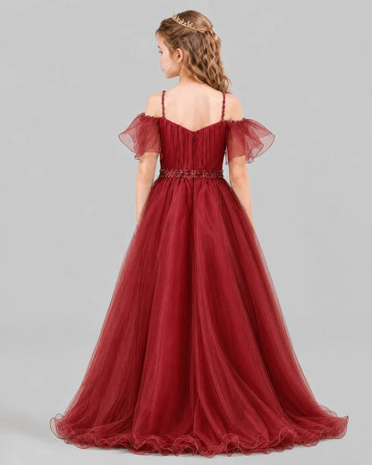 Burgundy A-line Girls Pageant Dresses Back
