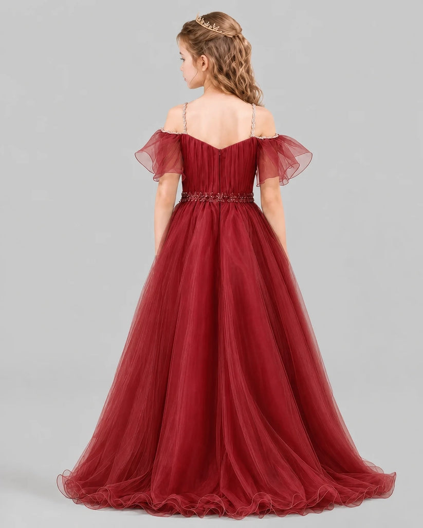 Burgundy A-line Girls Pageant Dresses Back