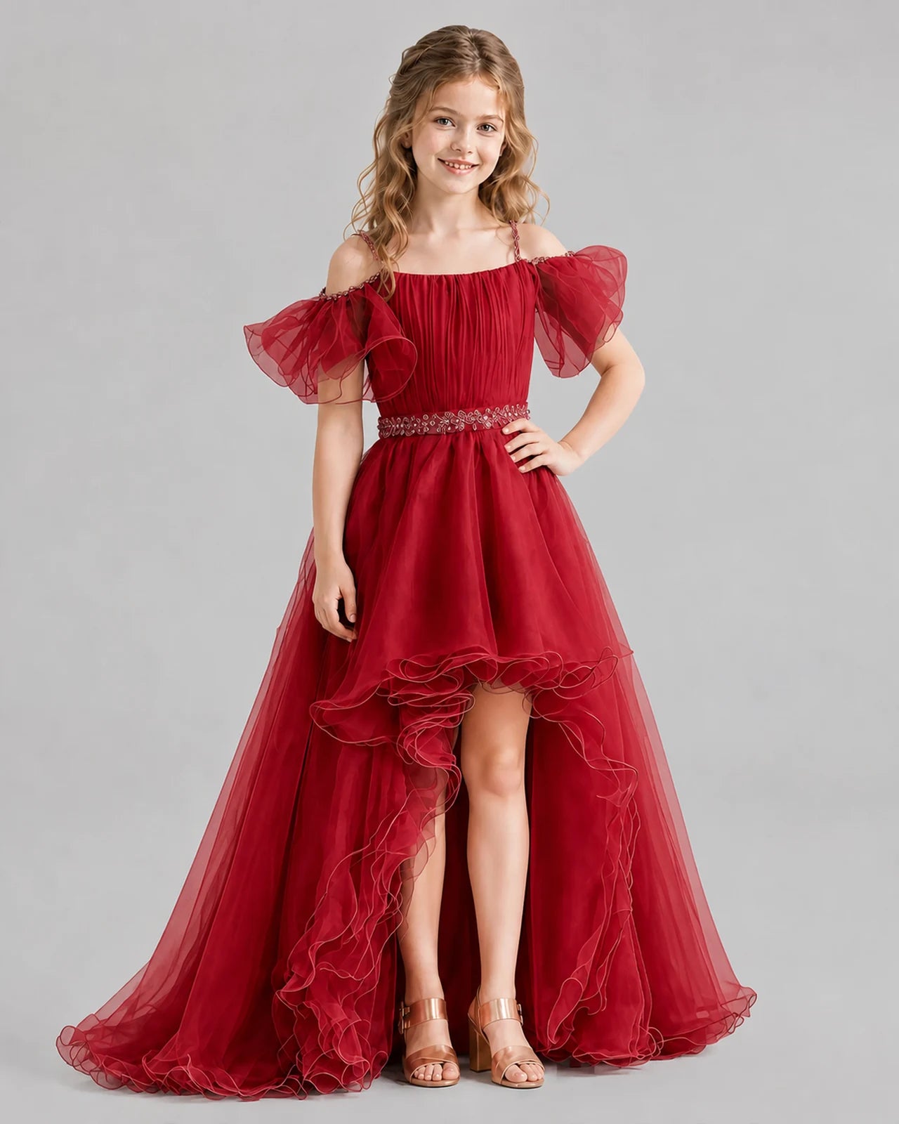 Burgundy A-line Girls Pageant Dresses Front