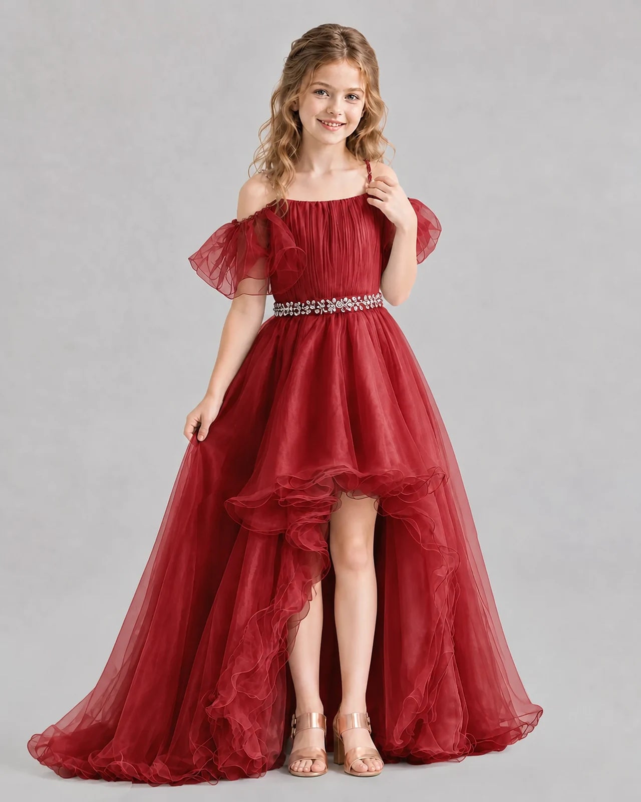 Burgundy A-line Girls Pageant Dresses Pose