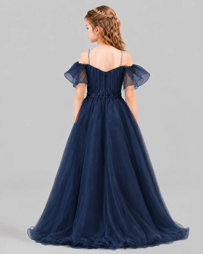 Navy Blue A-line Girls Pageant Dresses Back