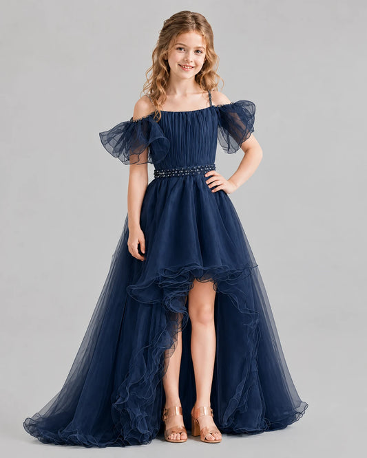 Navy Blue A-line Girls Pageant Dresses Front