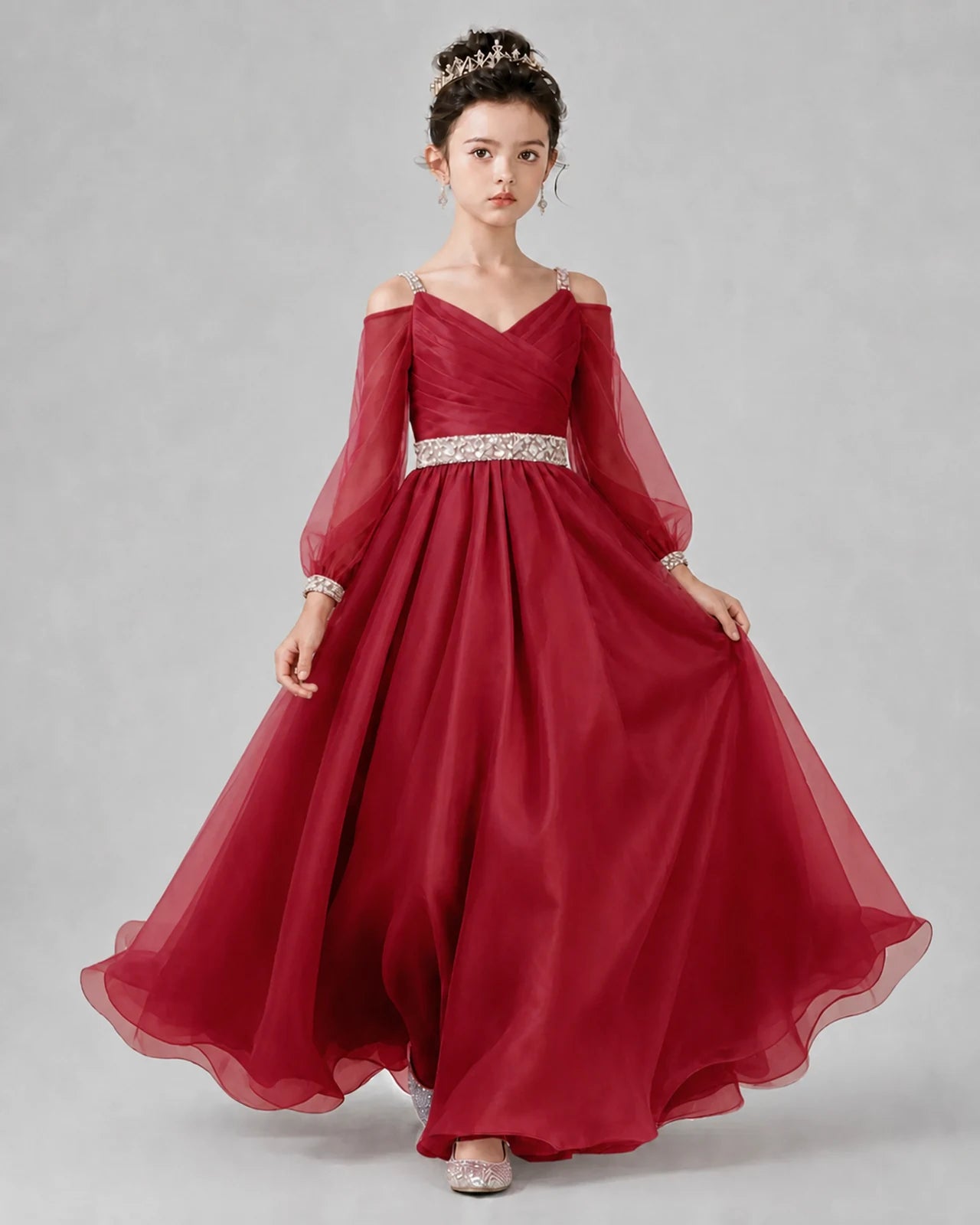 Burgundy A-line Girls Pageant Dresses Front