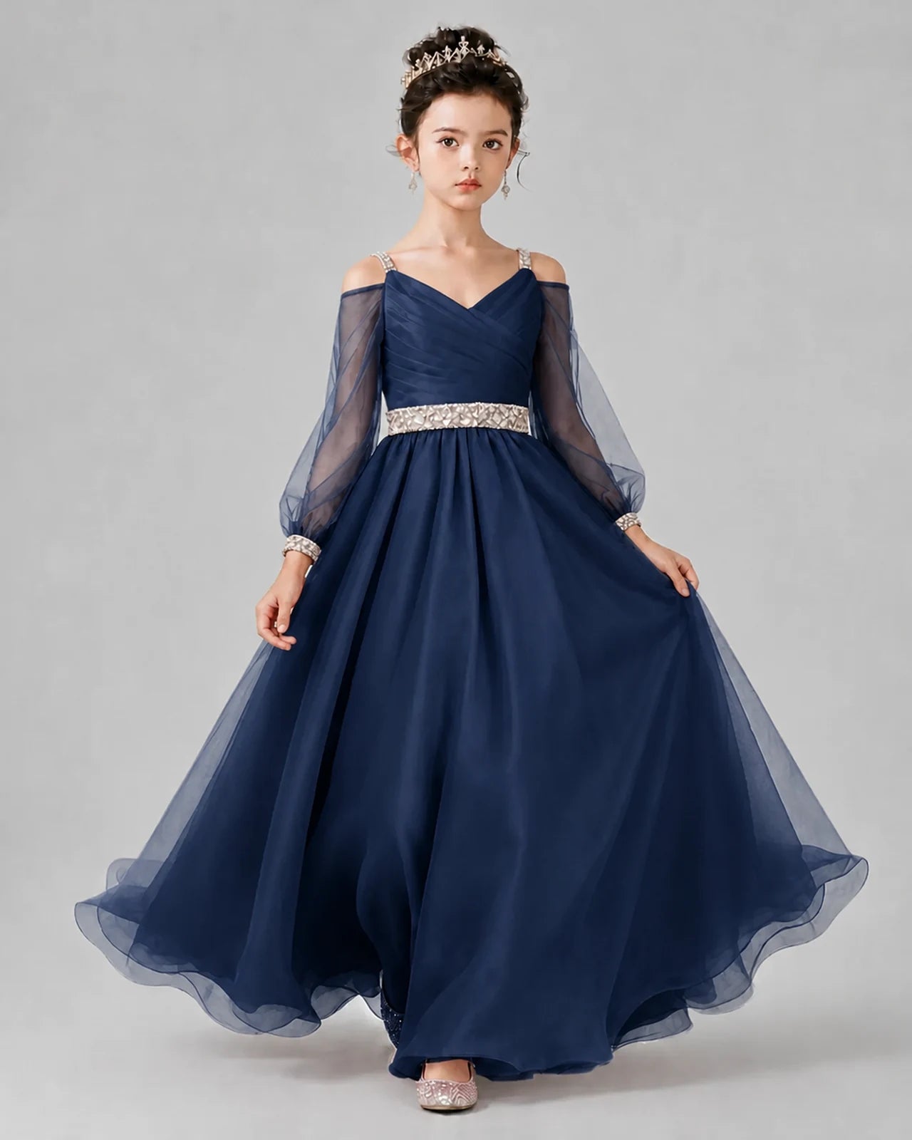 Navy Blue A-line Girls Pageant Dresses Front