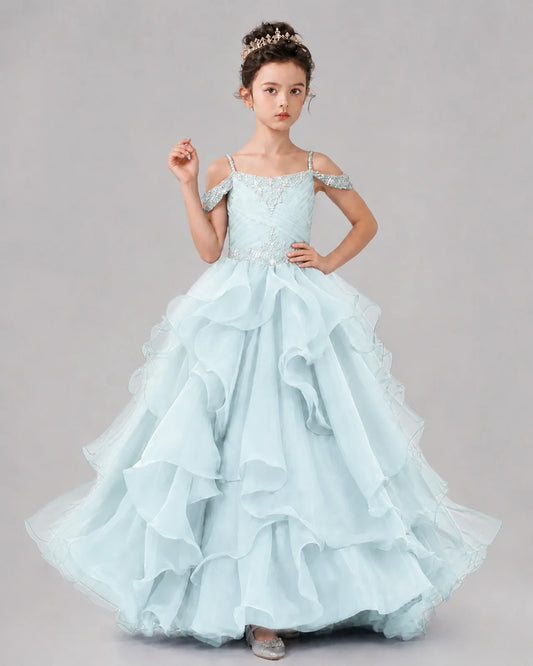 Baby Blue Ball Gown Girls Pageant Dresses Pose
