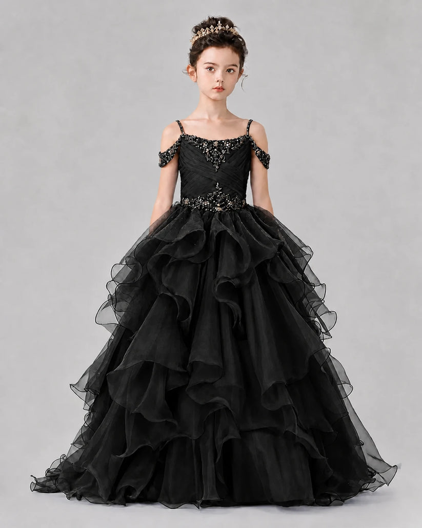 Black Ball Gown Girls Pageant Dresses Front