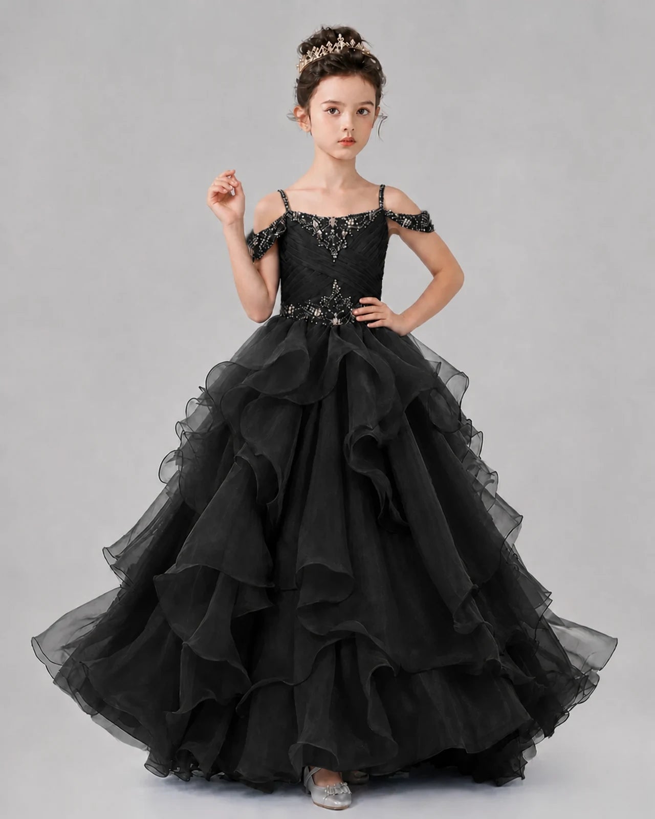 Black Ball Gown Girls Pageant Dresses Pose