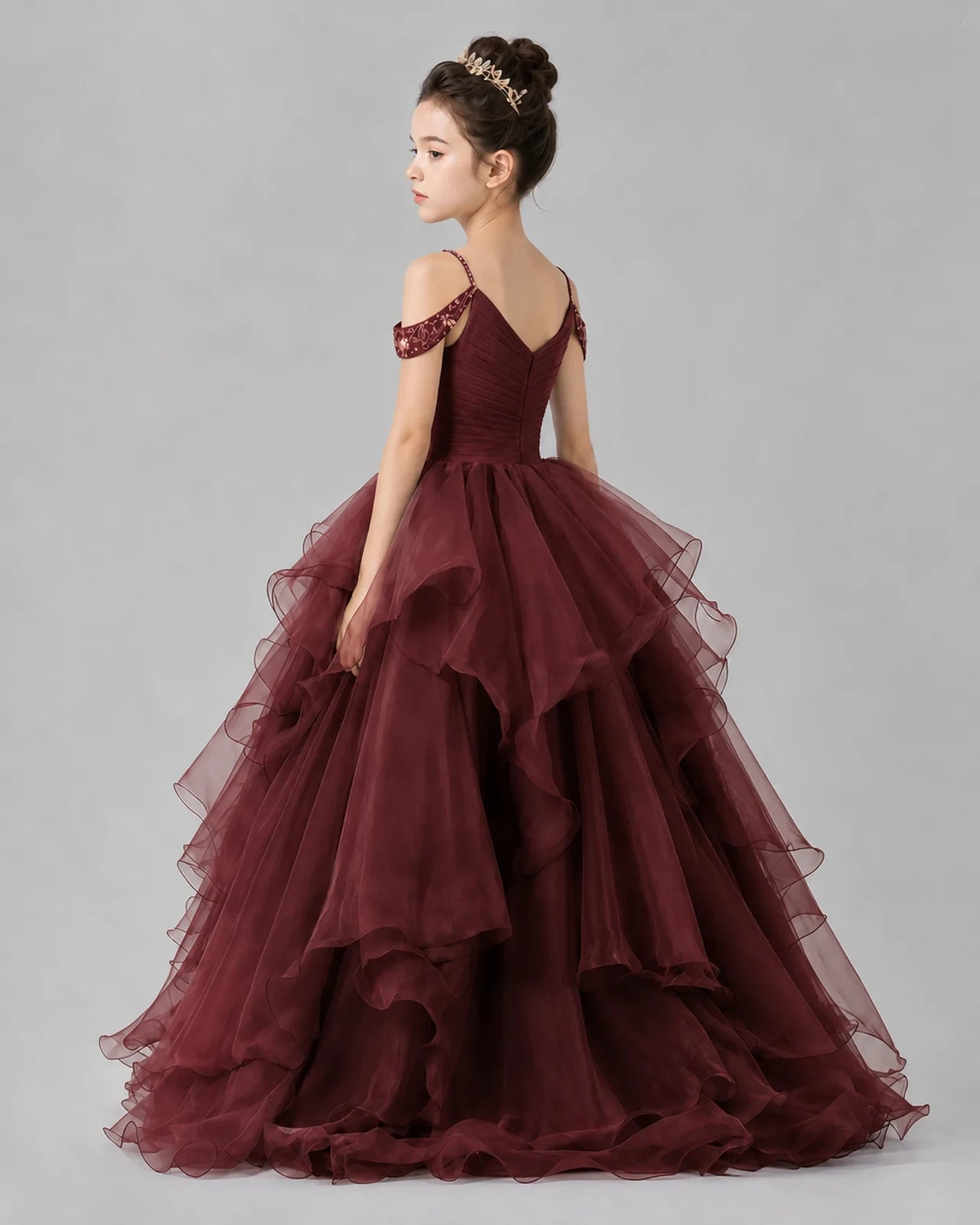 Burgundy Ball Gown Girls Pageant Dresses Back