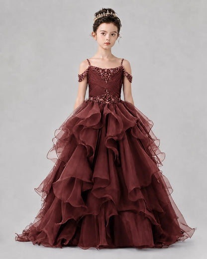 Burgundy Ball Gown Girls Pageant Dresses Front